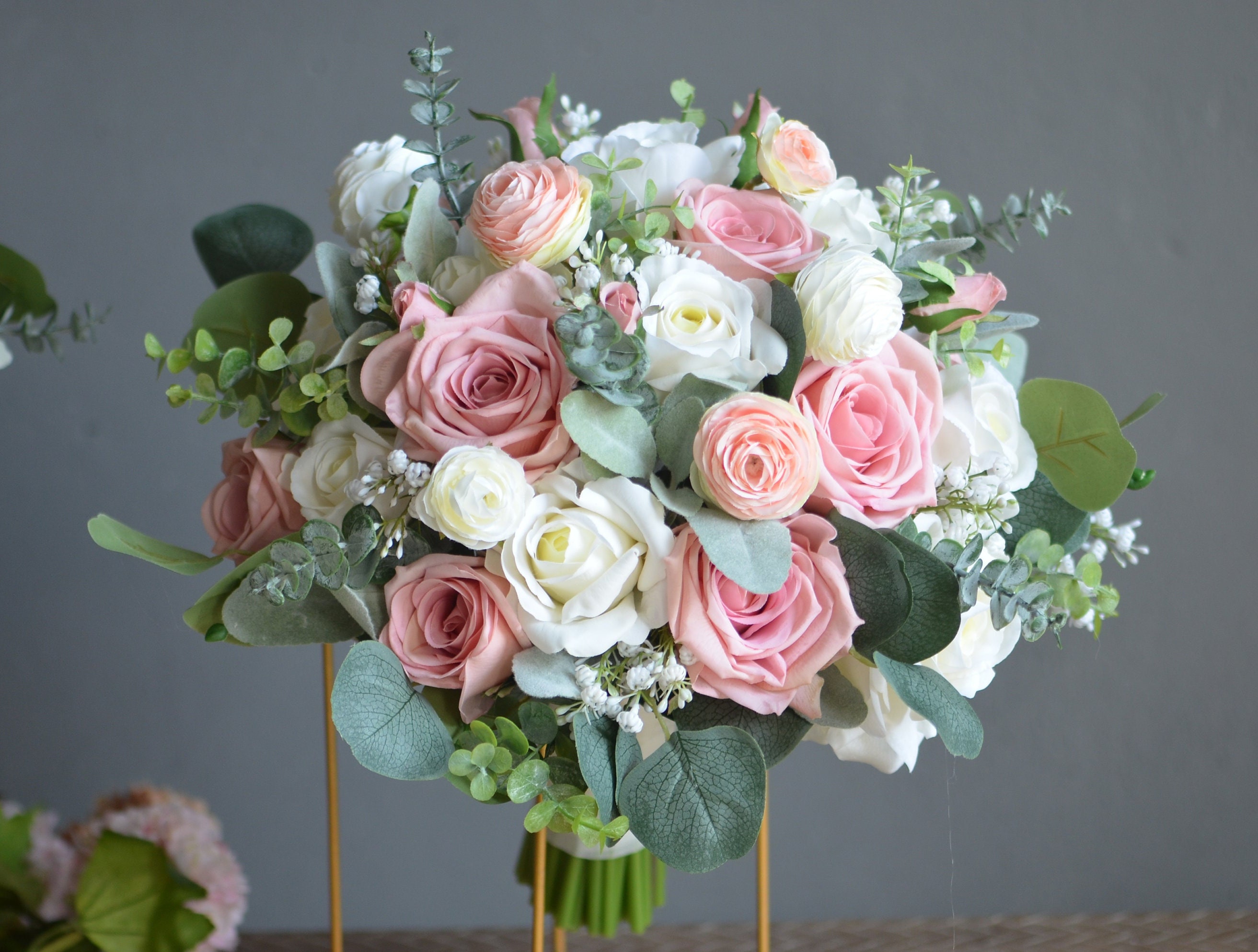 Artificial Rose Pink White Roses Wedding Bouquet, Real Touch 