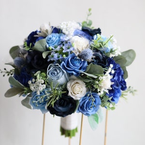 Faux Navy Blue/Royal Blue/Dusty Blue Wedding Bouquet, Boho Blues Bridal Bouquet, Real Touch Roses, Blue Wild Flowers, Boutonniere Corsages