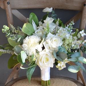 Fake White Greenery Bridal Bouquets, White Boho Wedding Bouquet, Real Touch White Rose, Eucalyptus, White King Protea, White Dahlia Bouquets