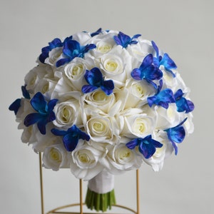 12&quot; Faux Real Touch Galaxy Orchid Ivory Roses Bridal Bouquet, Cream Blue Purple Wedding Bouquets, Off White Rose Artificial Flowers Bouquets