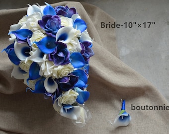 Bouquet da sposa Blu Reale, Bouquet da Sposa in Seta Rustica, Gigli Calla Real Touch, Rose bianche Avorio, Bouquet Orchidee