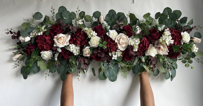 Faux Burgundy Beige And Ivory Wedding Bouquet, Boho Bouquet, Bridal Bridesmaids Bouquet, Rose and Eucalyptus, Real Touch Fake Flowers 1 archway40cmx120cm