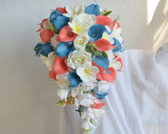 Artificial Malibu Blue Calla Lily Bridal Bouquet, Plumeria Rose