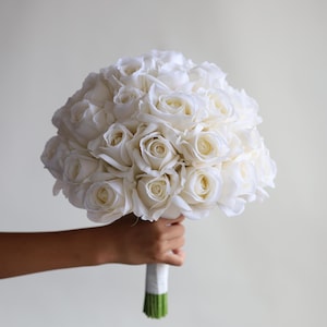 Faux Morandi White Real Touch Roses Bridal Bouquet, Artificial Roses Wedding Bouquets, Off White Roses Groom Boutonnieres, Wrist Corsages