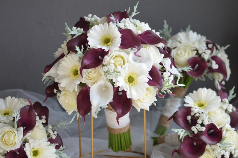 Bouquets de mariée blancs bordeaux clairs, bouquet de fausses fleurs, bouquet de mariage au vin violet, lys tigre blanc, fleurs Real Touch 1 bride--10“