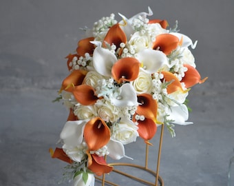 Burnt Orange And Ivory Bridal Bouquet, Real Touch Calla Lilies, Ivory Roses Bridal Bouquet, Fall Winter Bridal Bouquet, Orange Boutonnieres