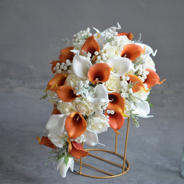 Burnt Orange And Ivory Bridal Bouquet, Real Touch Calla Lilies, Ivory Roses Bridal Bouquet, Fall Winter Bridal Bouquet, Orange Boutonnieres