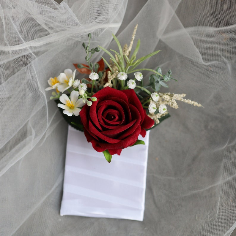 Faux Burgundy Beige And Ivory Wedding Bouquet, Boho Bouquet, Bridal Bridesmaids Bouquet, Rose and Eucalyptus, Real Touch Fake Flowers 1 pocket Boutonniere