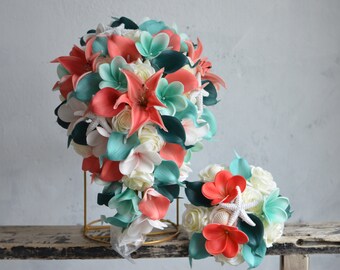 Fake Aqua Teal Coral Beach Bouquets, Spa Blue Real Touch Calla Lilies, Plumerias Roses, Shells, Starfishes Wedding Package, BeachBouquets