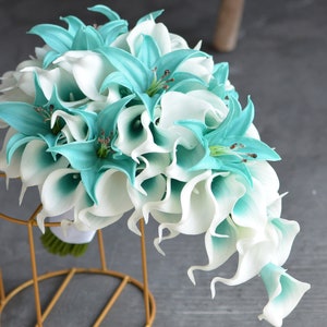 Faux Turquoise Aqua Bridal Bouquet, Light Blue Bridesmaid Bouquets, Real Touch Picasso Calla Lilies, Tiger Lilies, Blue Weddings