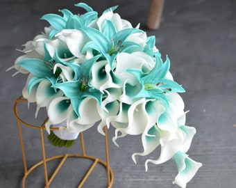 Aqua Turquoise Calla Lily Bridal Bouquet, Real Touch Flowers