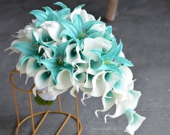 Faux Turquoise Aqua Bridal Bouquet, Light Blue Bridesmaid Bouquets, Real Touch Picasso Calla Lilies, Tiger Lilies, Blue Weddings