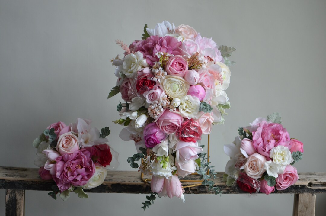 Faux Real Touch Flowers Pink Cream Wedding Bouquet, Hot Pink Roses