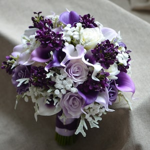 Faux Purple Bridal Bouquet, Rustic Lavender Wedding Bouquet, Real Touch Artificial Calla lily, Ivory White Rose, Baby's Breath, Silk lilacs,