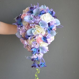 Faux Lilac Purple Blue Wedding Bouquet, Real Touch Purple hydrangeas, Blue Purple Orchids, Lavender Mauve Roses, Calla Lilies Bridal Bouquet