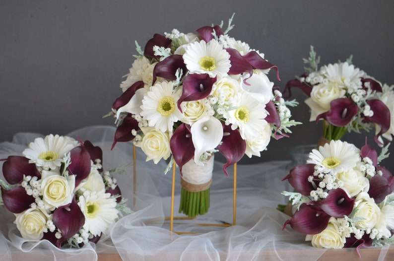 Bouquets de mariée blancs bordeaux clairs, bouquet de fausses fleurs, bouquet de mariage au vin violet, lys tigre blanc, fleurs Real Touch image 2