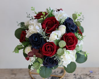 Fake Flowers Burgundy Navy Wedding Bouquet, Boho Bouquet, Bridal Bridesmaids Bouquet, Rose and Eucalyptus, Real Touch Fake Flowers