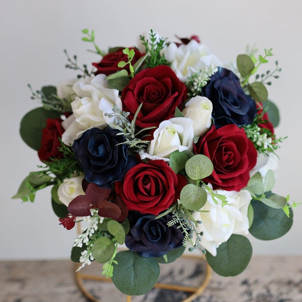 Fake Flowers Burgundy Navy Wedding Bouquet, Boho Bouquet, Bridal Bridesmaids Bouquet, Rose and Eucalyptus, Real Touch Fake Flowers