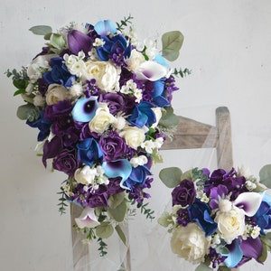 Faux Flowers Wedding Bouquets in Blue Purple, Plum Turquoise Cascading Wedding Bouquet, Real Touch Flowers, Bridal Bridesmaids Bouquets