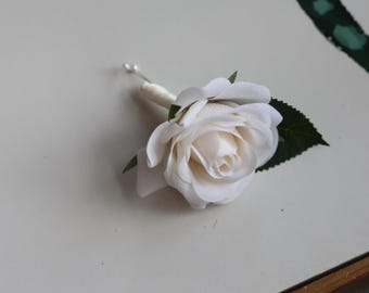 Soft White Rose Boutonniere, Choose Ribbon Colors, Wedding Prom Corsage