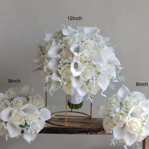 Faux Real Touch Roses Bridal Bouquet, Ivory White Calla Lilies Wedding Bouquets, Cream Boutonnieres, Wrist corsage, Bridesmaids Bouquets
