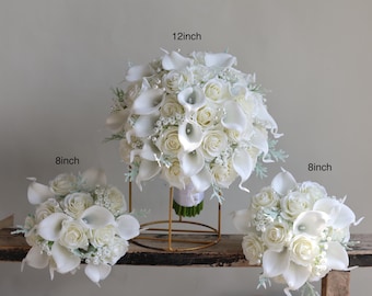 Faux Real Touch Roses Bridal Bouquet, Ivory White Calla Lilies Wedding Bouquets, Cream Boutonnieres, Wrist corsage, Bridesmaids Bouquets
