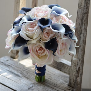 Navy Blush Bride Bouquet, Navy Calla Lilies, Picasso Navy Calla Lilies, Blush Roses, Real Touch Flowers, Silk Wedding Bouquets