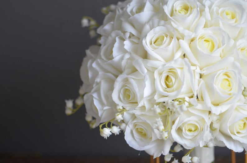 12 Ivory Real Touch Roses Bridal Bouquet, White Lily Of Valley Wedding Bouquets, Off White Roses Artificial Flowers Bouquets image 6