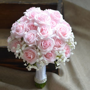 Pink Roses Bridal Bouquets, Rustic Silk Bridal Bouquet, Real Touch Roses, Pale Pink Roses, Baby&#39;s Breath