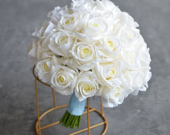 12" Fake Ivory Roses Bridal Bouquet, Cream White Wedding Bouquets, Off White Roses Artificial Flowers Bouquets, Real Touch Roses