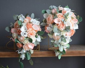 Blush Peach and White Bridal Bouquet, Design in Real Touch Aritificial Roses, Eucalyptus Ivory and Blush White Calla Lily, Anemones
