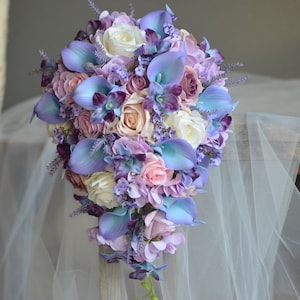 Light Purple Blue Pink Wedding Bouquet, Real Touch Fake Flowers, hydrangeas, Orchids, Lavender Mauve Roses, Cascading Bridal Bouquet