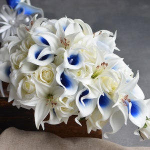 Royal Blue Ivory Bridal Bouquets, White Tiger Lilies, Real Touch Flowers, Silk Blue Bridesmaids Bouquets, Blue Boutonnieres