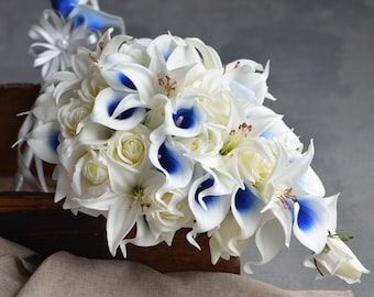 Royal Blue Ivory Bridal Bouquets, White Tiger Lilies, Real Touch Flowers, Silk Blue Bridesmaids Bouquets, Blue Boutonnieres