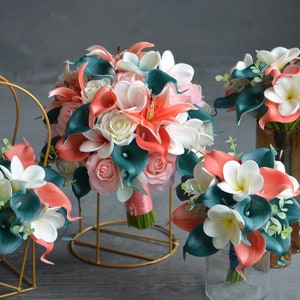 Beach Bouquets in Coral And Teal, Design With Real Touch Calla Lilies, Plumerias, Roses And Tiger Lilies, Artificial Flowers Wedding Bouquet