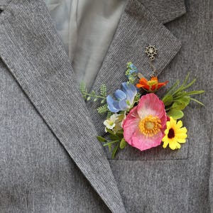 Wildflower Bridal Bouquet: Orange, Pink, Yellow Artificial Flowers, Colorful Spring Summer Wedding Bouquets, Boutonnieres, Corsages one-#1PocketBouton-F