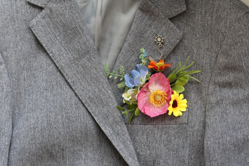 Wildflower Bridal Bouquet: Orange, Pink, Yellow Artificial Flowers, Colorful Spring Summer Wedding Bouquets, Boutonnieres, Corsages one-#1PocketBouton-F