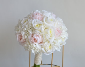 Faux Blush Ivory Real Touch Roses Hydrangeas Bridal Bouquet, Cream White Wedding Bouquets, Off White Roses Artificial Flowers Bouquets