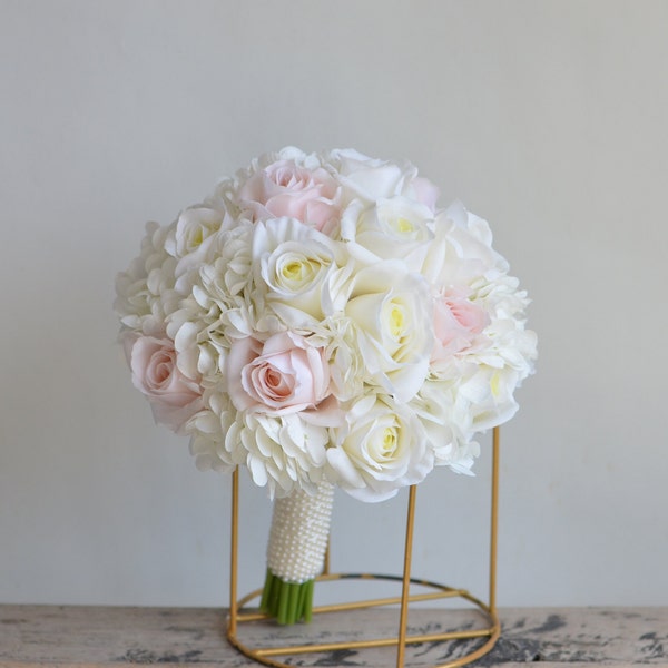 Faux Blush Ivory Real Touch Roses Hydrangeas Bridal Bouquet, Cream White Wedding Bouquets, Off White Roses Artificial Flowers Bouquets