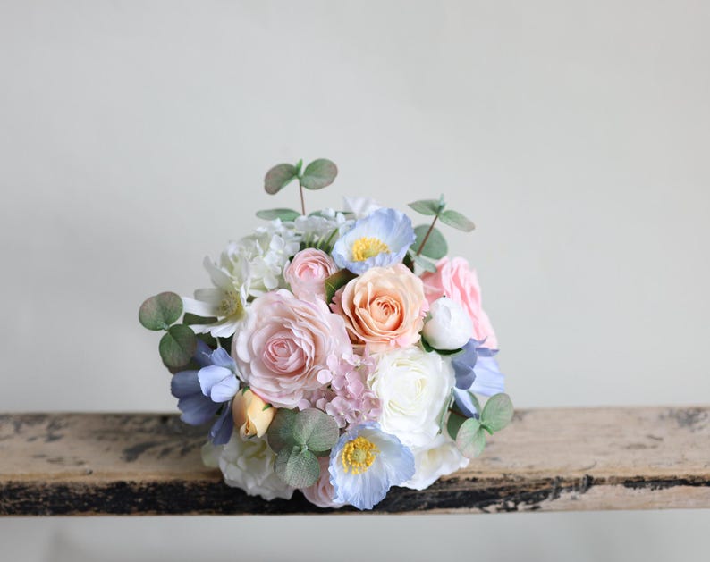 Pastel Blue Pink Peach Wildflowers Bridal Bouquet, Spring Summer ...