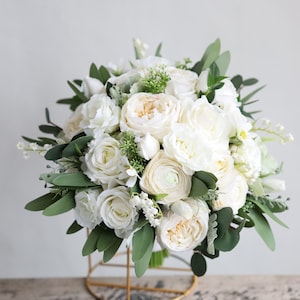 Extremly Realstic Fake Flowers Cream White Greenery Bridal Bouquet, Real Touch Rose, Ranunculus, Lisianthus, Lily of the Valley, Eucalyptus