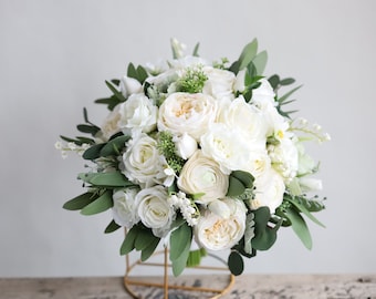 Extremly Realstic Fake Flowers Cream White Greenery Bridal Bouquet, Real Touch Rose, Ranunculus, Lisianthus, Lily of the Valley, Eucalyptus