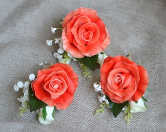 Coral Rose Boutonnieres, Peach Boutonniere, Wedding Boutonniere & Wedding Corsage, Wedding Homecoming Prom Corsage, Pu Rose