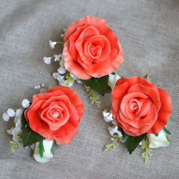 Coral Rose Boutonnieres, Peach Boutonniere, Wedding Boutonniere & Wedding Corsage, Wedding Homecoming Prom Corsage, Pu Rose