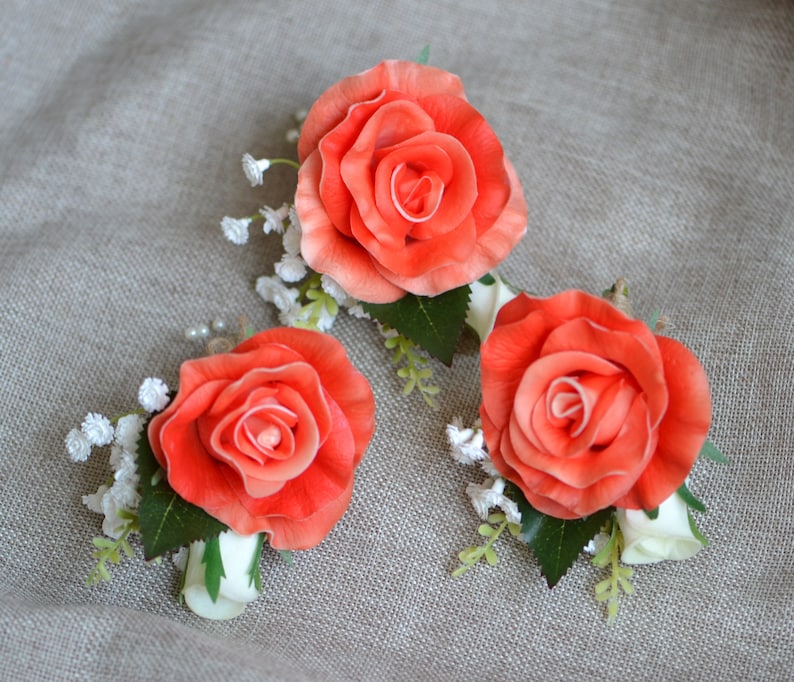 Coral Rose Boutonnieres, Peach Boutonniere, Wedding Boutonniere & Wedding Corsage, Wedding Homecoming Prom Corsage, Pu Rose image 1