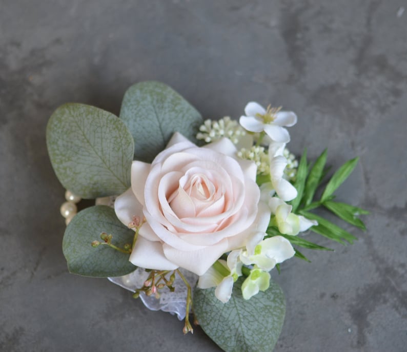 Blush White Wedding Bouquet, Faux Pink Flowers Bouquet, Pink Peony Bouquet, Lamb's ears, Boho Bridal Bouquet, Eucalyptus one wrist corsage