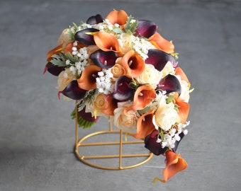 Faux Bugundy Wedding Bouquet, Faux Real Touch Calla Lilies, Champagne Roses Bridal Bouquet, Fall Winter Bridal Bouquet, Orange Boutonnieres