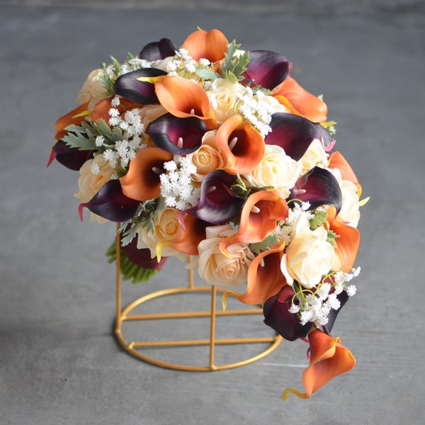 Faux Bugundy Bouquet de mariage, Faux Real Touch Calla Lilies, Champagne Roses Bouquet de mariée, Bouquet de mariée automne hiver, Boutonnières Orange