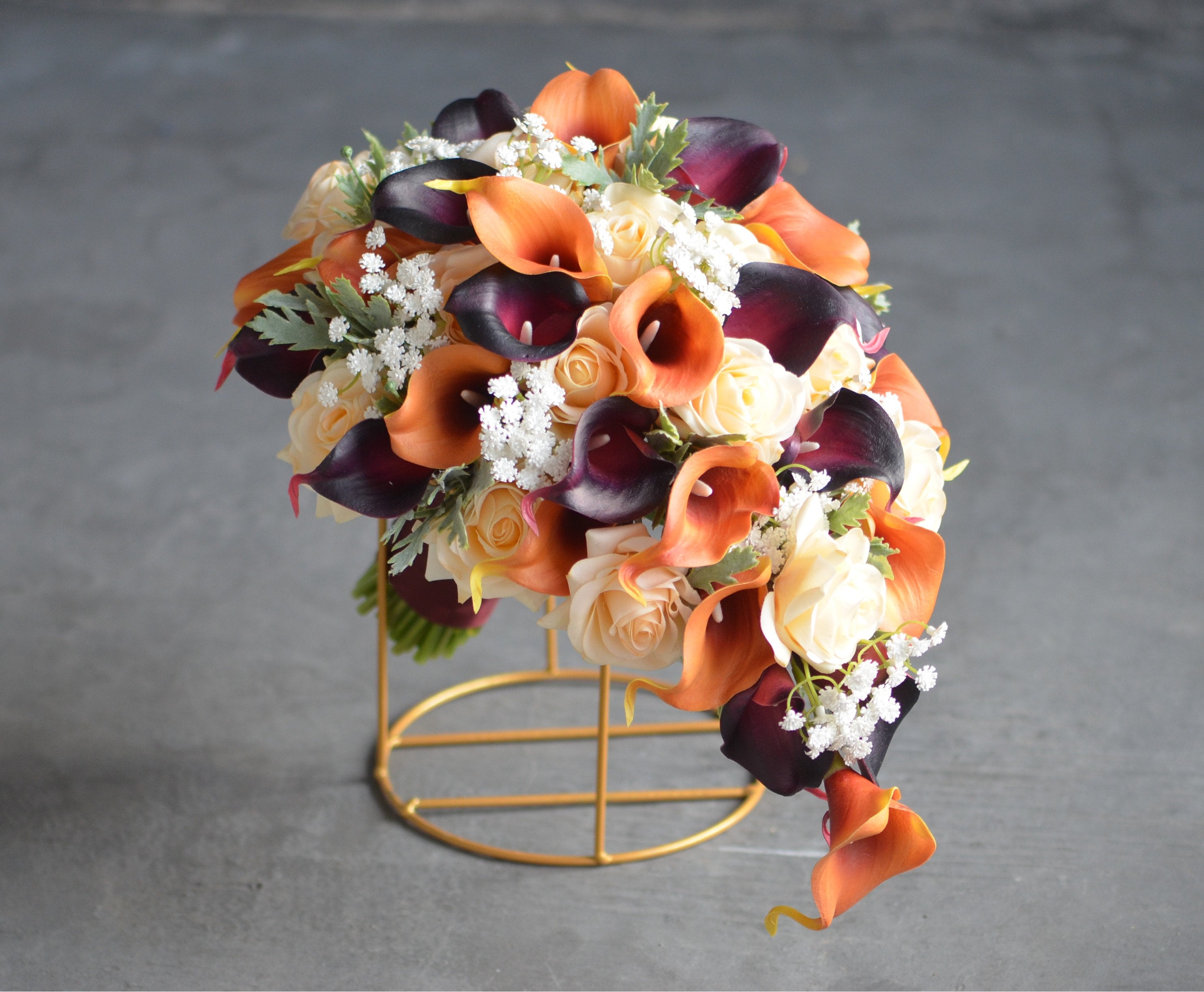 Faux Bugundy Wedding Bouquet, Faux Real Touch Calla Lilies, Champagne Roses Bridal Bouquet, Fall Winter Bridal Bouquet, Orange Boutonnieres