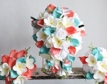 Turquoise Coral Calla Lily Bouquet, Beach Wedding Flowers